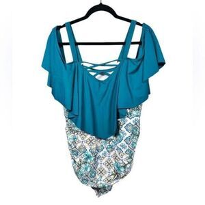 NWT BloomChic Plus Size One Piece Ruffle Criss Cross Two Tone Teal/Blue Size 3XL